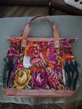 Boho Floral Woven Tote Bag with Light Copper Leather Trim